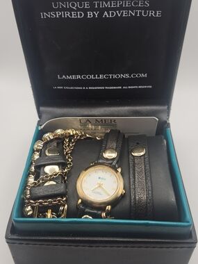 La Mer Collections Wrap Watch Bracelet Black Leather Gold Tone w/ Box